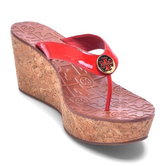 Tory Burch Shoes - Tory Burch Orange Thora Leather & Cork Wedges - Size 8.5